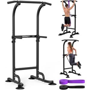DERACY Pull Up Bar Free Standing, Power Tower with Pull Up Assistance Bands, Adjustable Height Pull Up Dip Station, Dip Bars for Home Gym Strength Training, Push Up Bar