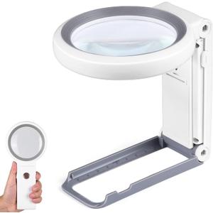 Magnifying Glass with Light and Stand, Foldable Handheld Magnifying Glass 18 LED Illuminated Lighted Magnifier for Macular Degeneration, Seniors Reading, Close Work, Coins, Jewelry White
