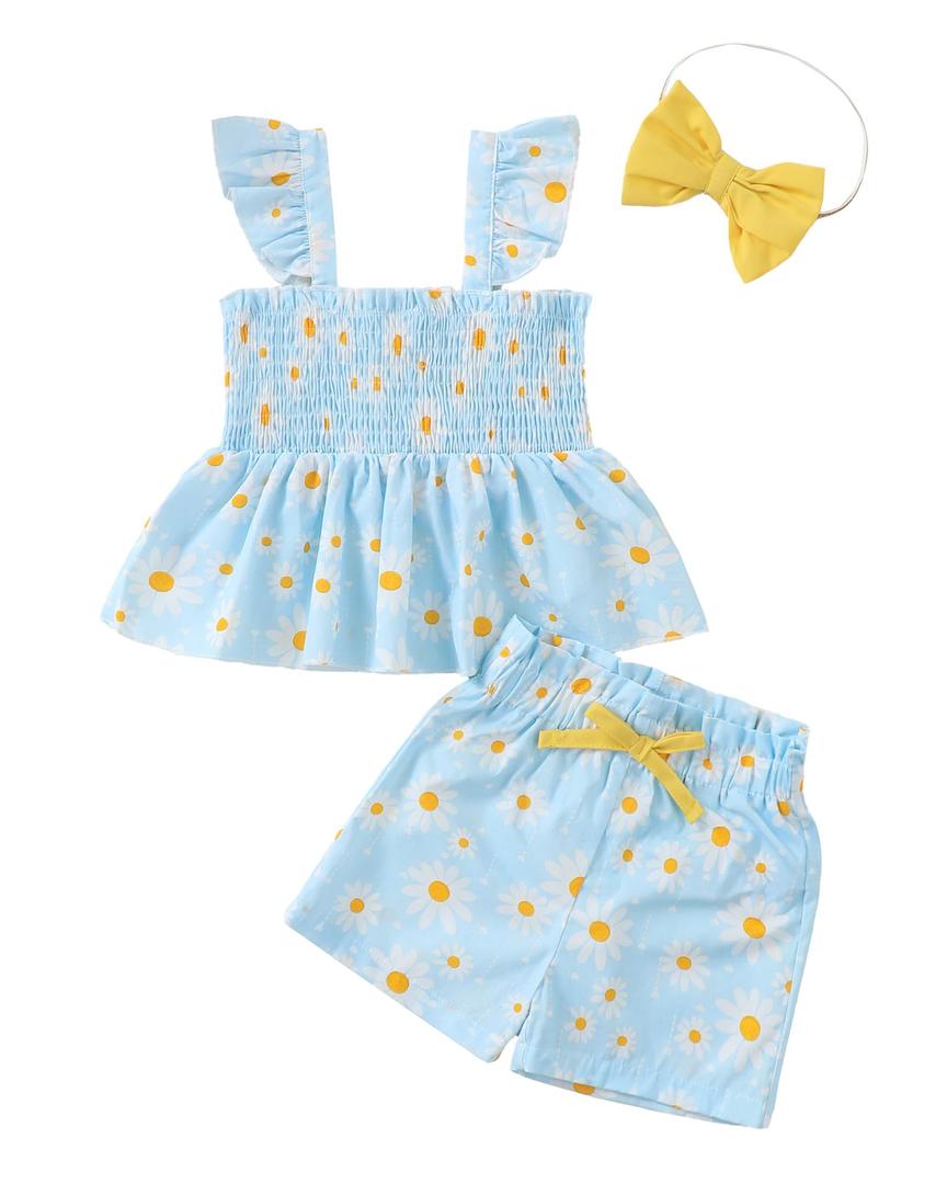 Mioglrie Toddler Girl Summer Outfits Baby 2T 3T Girl Clothes Blue Daisy Girls Spring Outfit Ruffle Sleeveless Top Shorts with Headband 3PCS Clothing Set