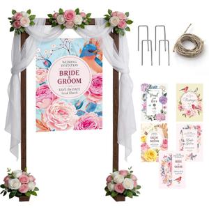 Wedding Welcome Sign Stand, Adjustable Wooden Sign Holder Stand, Heavy Duty Wood Easel with Poster Design Templates & Ground Stakes for Wedding, Bridal Baby Shower, Birthday Party