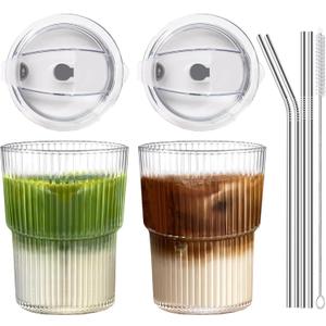 Iced Coffee Cups with Lids and Straws Set of 2, 16 Oz Unbreakable Plastic Drinking Glasses Reusable Iced Coffee Glass to Go Cup for Iced Tea,Juice, Water,BPA Free, Dishwasher Safe