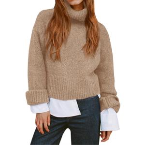 Saodimallsu Womens Turtleneck Fuzzy Sweaters Long Sleeve Chunky Knit Casual Loose Warm Fall Winter Pullover Sweater (Small, Khaki)