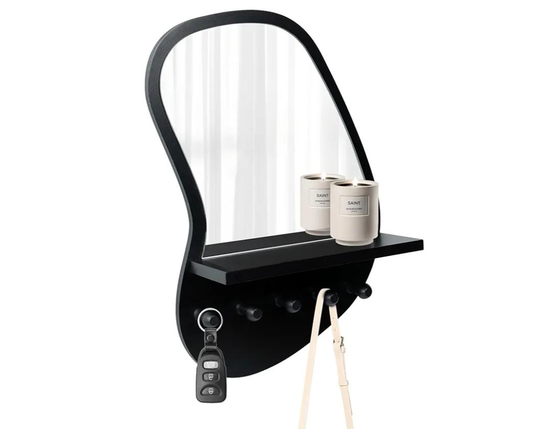 SANY DAYO HOME Wall Mount Wood Frame Irregular Mirror with 5 Wooden Hooks and Shelf, Modern Decorative Hanging Mirror for Entryway, Bedroom, Living Room (16″ x 12″, Black)