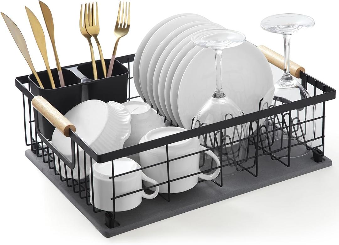 Dish Drying Rack with Stone Drying Mat, Diatomaceous Earth Dish Drying Mat for Kitchen Counter, Dish Drainers with Dish Drying mat