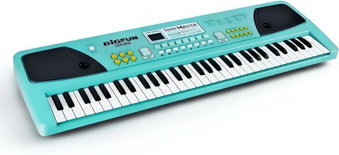 61 Key Piano Keyboard with Microphone, Electric Piano, Blue | Dual Speakers with LED Display, 16 Tones 10 Rhythms 8 Percussion, Record and Playback, Starter Gift for Kids Beginners