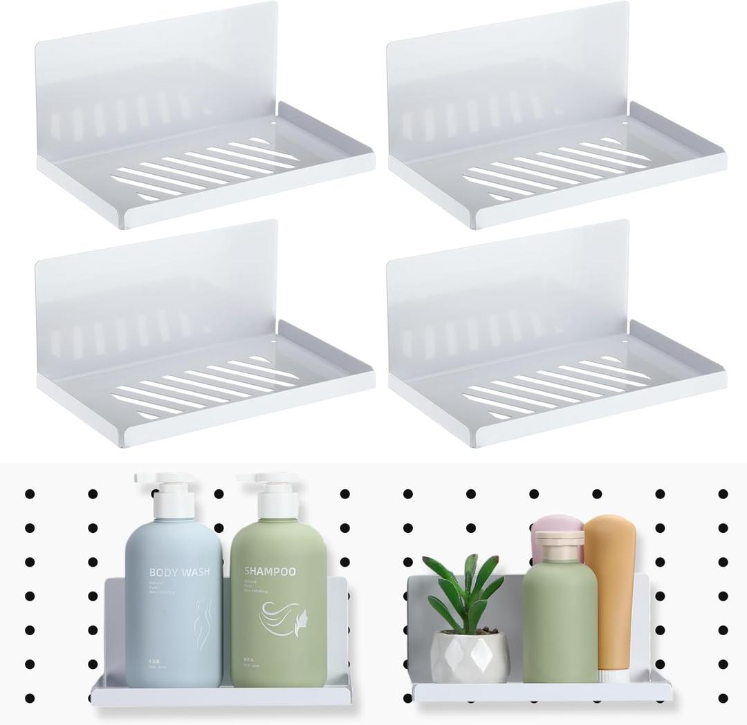 Therwen 4 Pack Magnetic Pegboard Shelves Wall Organizer Metal Pegboard Shelf Steel Tray Accessories Organizing Tools for Craft Home Kitchen(8 x 4.7 x 3.5 Inches,White)