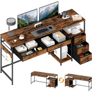 YOSHOOT 60" Computer Desk with 5 Drawers and Power Outlets, Rustic Brown, 18.9"D x 60"W x 30.7"H