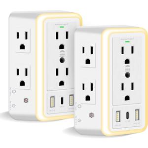 WBM Smart Multi Plug Outlet, Surge Protector, 6-Outlet Extender with 2 USB Charging Ports, USB-C & Night Light, 3-Sided Power Strip with Adapter Spaced Outlets - 2 Count, White