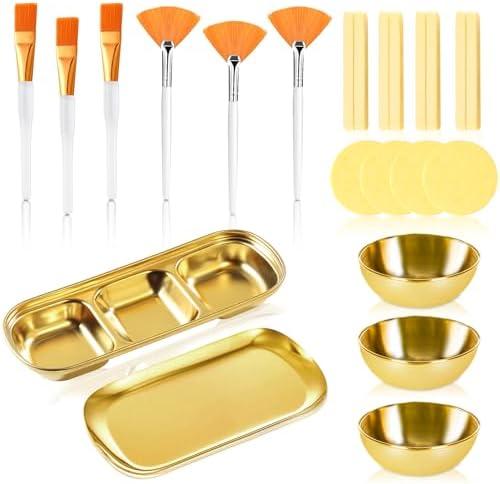 23 Pcs Esthetician Supplies 3 Stainless Steel Gold Mixing Bowls Gold Small Serving Tray 3 Compartment Serving Tray 3 Facial Fan Brushes 3 Face Mask Applicator Brush 12 Facial Sponge Compressed Round