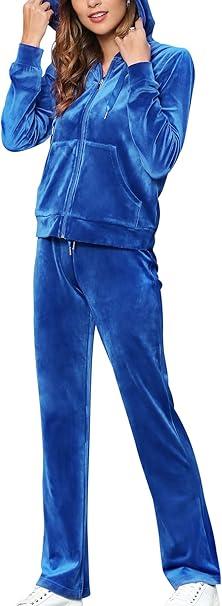 MessBebe Womens Velour Tracksuits Set Sweatsuit Hoodie Top and Jogging Pants Casual Loungewear 2 Piece, XXL, Dark Blue