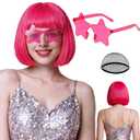 Hot Pink Bob Wig with Star Sunglasses for Women Men, Neon Party Colored Bob Wigs Synthetic Hair with Hair Cap for Discos 80s Retro Costume Party Bachelorette Drag Valentine's Day Birthday