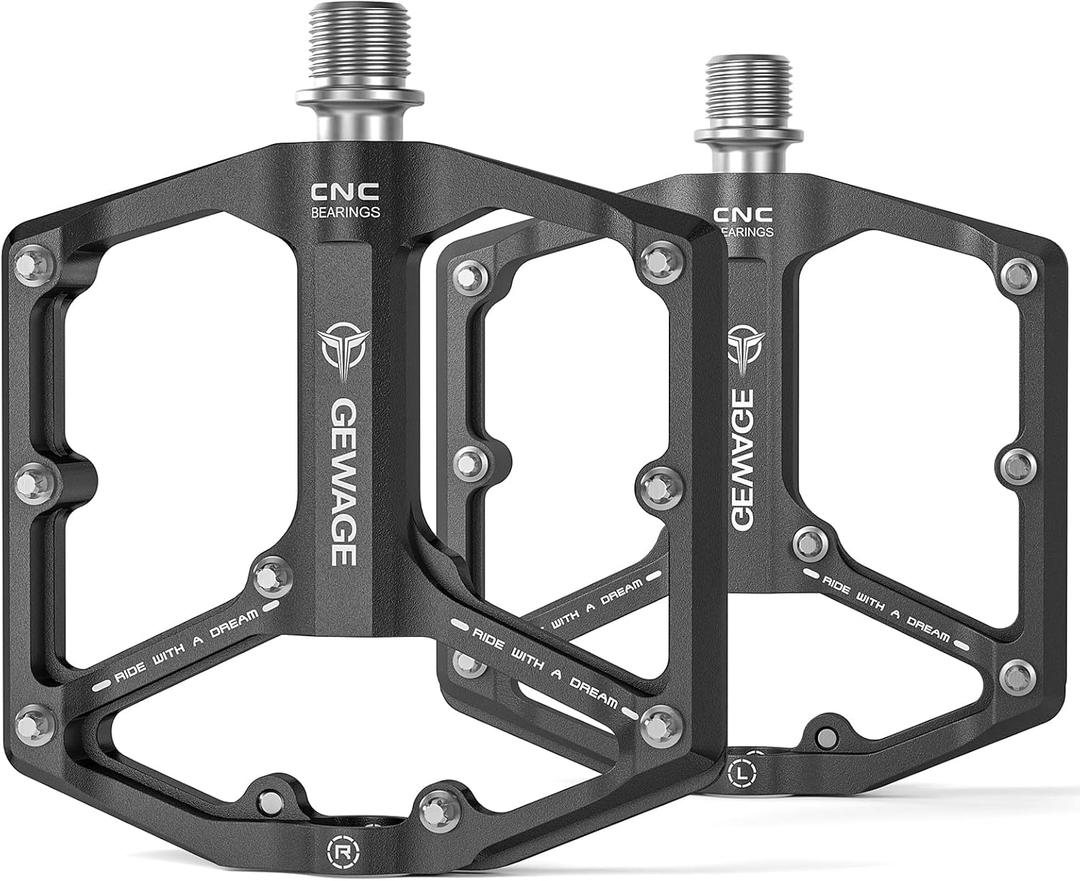 Road/Mountain Bike Pedals - 3 Bearings Bicycle Pedals - 9/16 CNC Machined Flat Pedals with Removable Anti-Skid Nails (Black)
