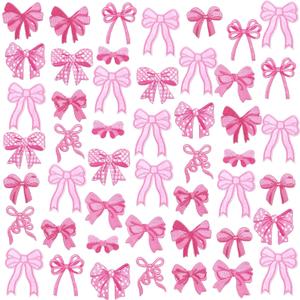 48 Pcs Pink Bow Iron on Patches Cute Buffalo Plaid Polka Dot Ribbon Bowknot Sew on Repair Embroidered Applique Coquette Bow Girly Aesthetic DIY Crafts Gift for Women Clothing Backpack Hat