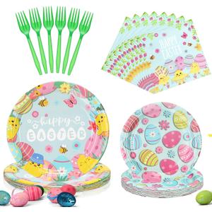 SiliFine 96 Pcs Easter Plates and Napkins Disposable Dinnerware Supplies for 24 Guests, Paper Tableware Include 9" Dinner Plates, 7" Dessert Plates, Napkins, Forks for Easter Spring Party (Egg)