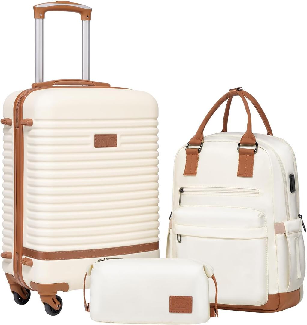 Coolife Suitcase Set 3 Piece Luggage Set Carry On Travel Luggage TSA Lock Spinner Wheels Hardshell Lightweight Luggage Set(White, 3 Piece Set (BP/TB/20))