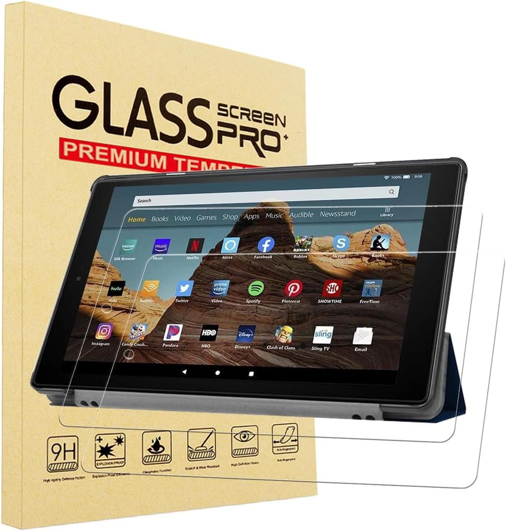 YINOVEEN 2 Pack Tempered Glass Screen Protector for Fire HD 10 Tablet 10.1 inch (9th/7th Generation, 2019/2017 Release), 2.5D Radian, 9H Hardness(Not Fit Fire HD 10 11th/13th Gen, 2021/2023)