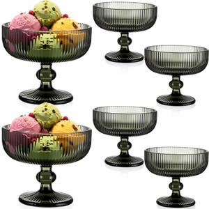 Vesici 6 Pcs Vintage Glass Dessert Bowls 9 oz Ice Cream Cups Trifle Pedestal Bowl Vintage Strips Embossed Glass Dishes for Candy Fruit Salad for Home Party Wedding(Dark Green)