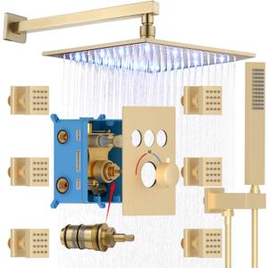 Enga Wall Mount Brushed Gold Rainfall Shower Head System Thermostatic Shower Can Use All Faucets At Same Time,12 Inch LED Square Showerhead with Handheld and Multi Body Spray Jets Combo Complete Set