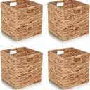 Storage Baskets 4 Pcs Water Hyacinth Cube 11.2x11.2inch Storage Bins,Foldable Woven Baskets for Bathroom, Bedroom, Laundry, Pantry, Shelves