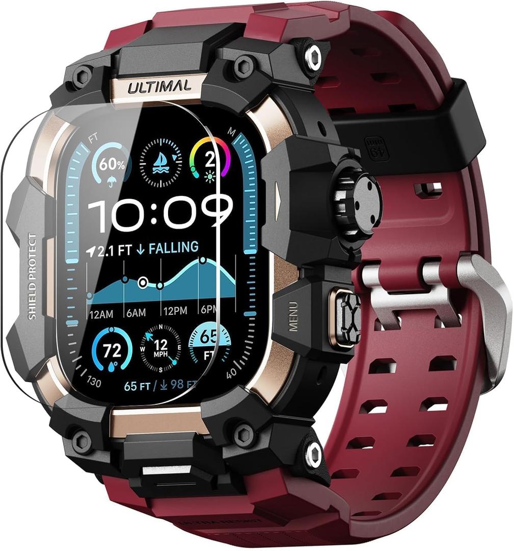 ULTIMAL Rugged Case with Band for Apple Watch 49mm, Compatible with Apple Watch Ultra/ Ultra 2, Military Grade Shockproof Bumper Cover for iWatch Tactical Band Men (49mm, Red)