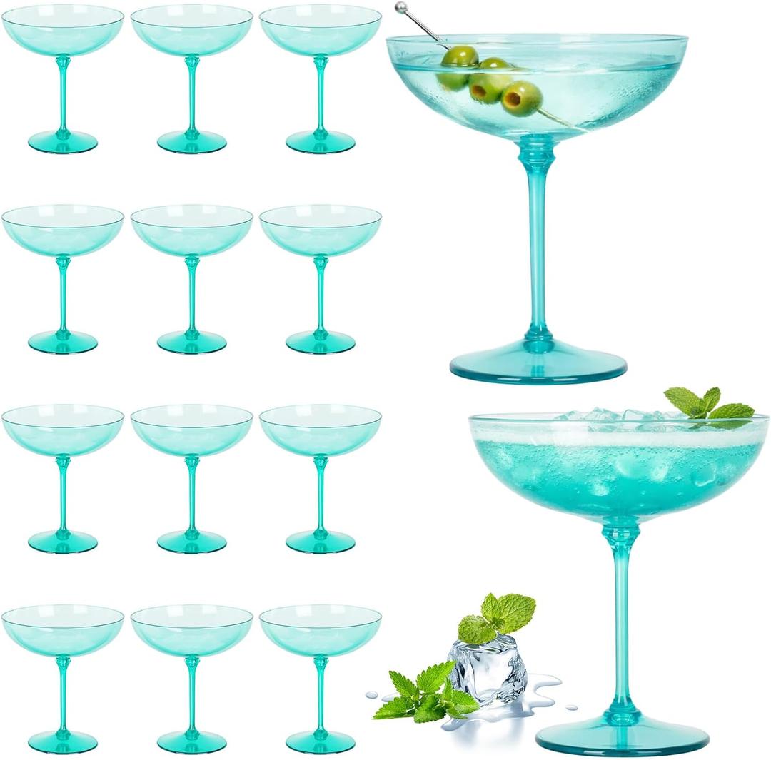LemonRoad 12 Pcs Detachable Martini Glasses 9oz Disposable Plastic Coupe Cocktail Dessert Glassware Set for Champagne Wine Wedding Birthday Holiday Party Supplies (Light Green)