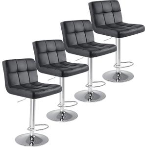 Sweetcrispy Bar Stools Set of 4, Armless PU Leather Adjustable Swivel Barstools, Hydraulic Kitchen Counter Height Thickened Seat Cushion Square Island Countertop Chairs with Back - Modern Black