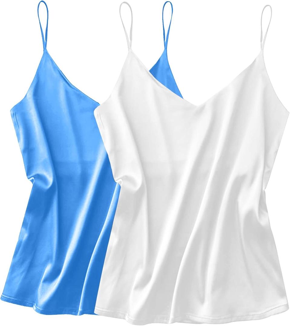 Ekouaer Satin Tank Tops for Women Silk Camisole Tops 2 Pack V Neck Spaghetti Strap Blouse Soft Dressy Camisole (Large, White/Light Blue)