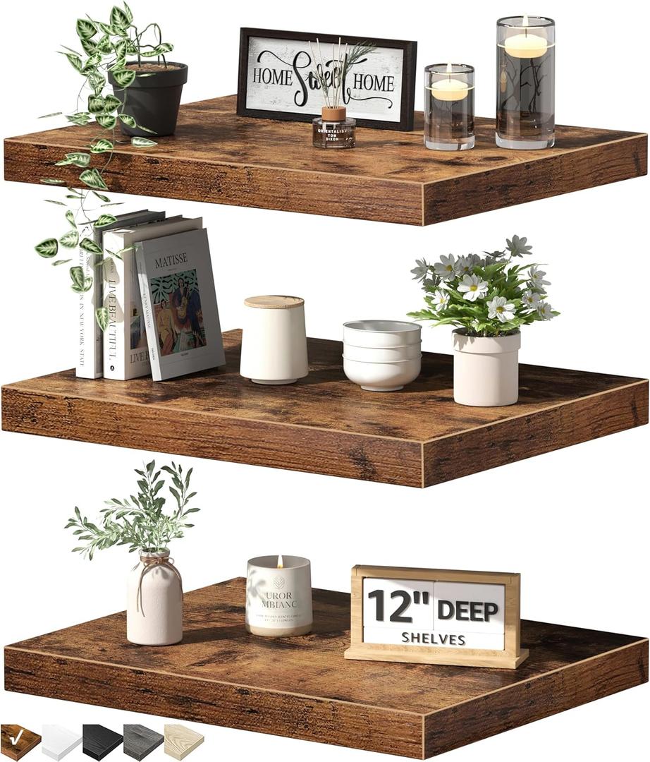 QEEIG Floating Shelves for Wall Bathroom Shelf Bedroom Kitchen Living Room Hanging Book Shelves Small Farmhouse Decor 16 inch Set of 3, Rustic Brown (015-BN3) 40X29.5
