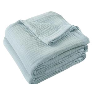 Cotton Muslin Throw Blanket for Summer Spring, Breathable and Lightweight Jacquard Muslin Blanket for All Season, Soft Gauze Blankets for Couch Bed Sofa, Blue, 50x60 Inches