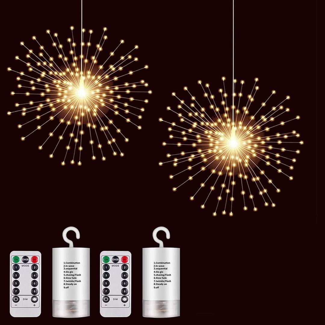 2 Pack Hanging Decor Lights, 200 LED Battery Powered Fairy Light, Fireworks Light with Remote, Waterproof Starburst Lights for Gardens Courtyards Christmas Festive Wedding Parties (Warm White)
