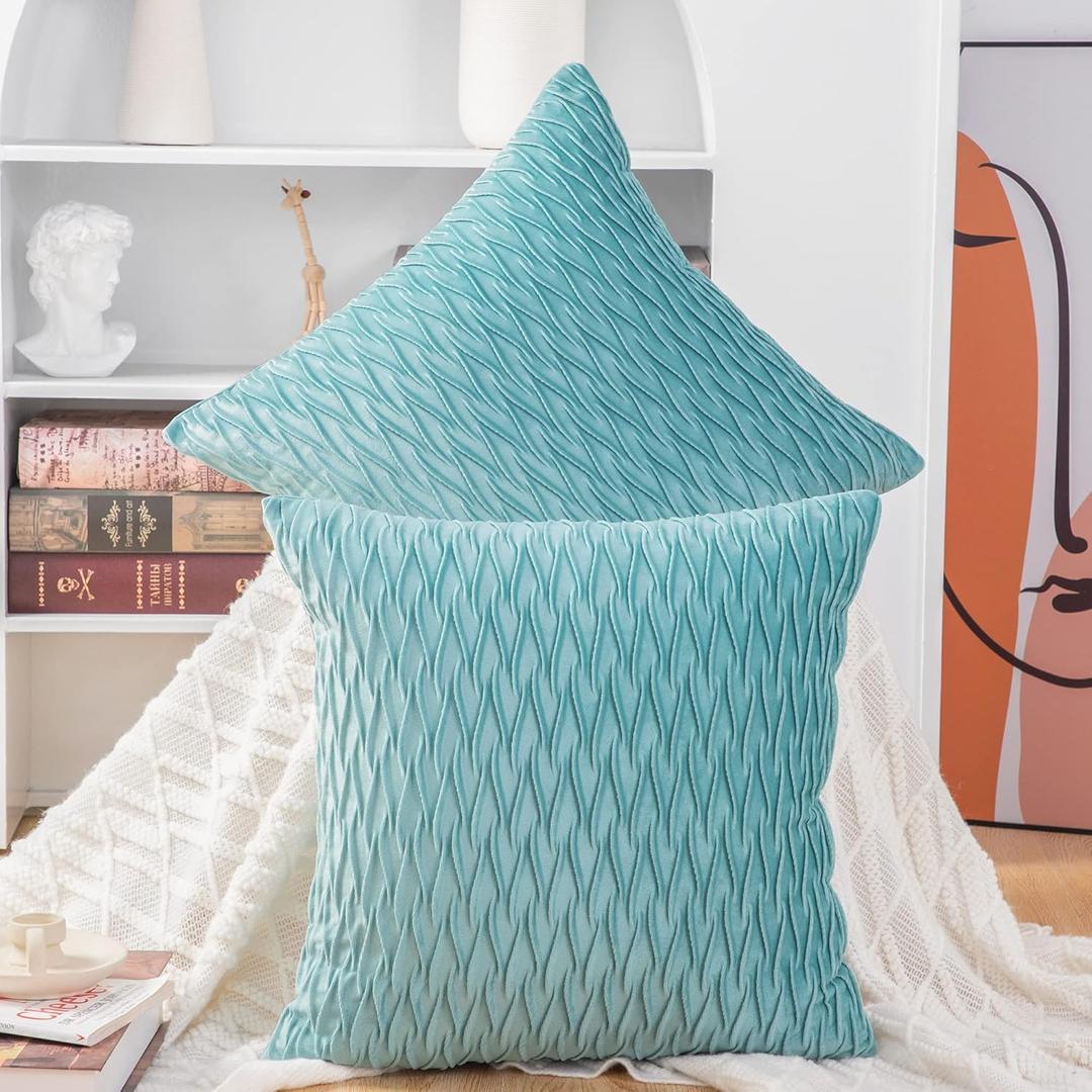 MADIZZ Set of 2 Super Soft Velvet Decorative Throw Pillow Covers 18x18 inch Aqua Square with Texture Luxury Style Cushion Case Pillow Shell for Sofa Bedroom