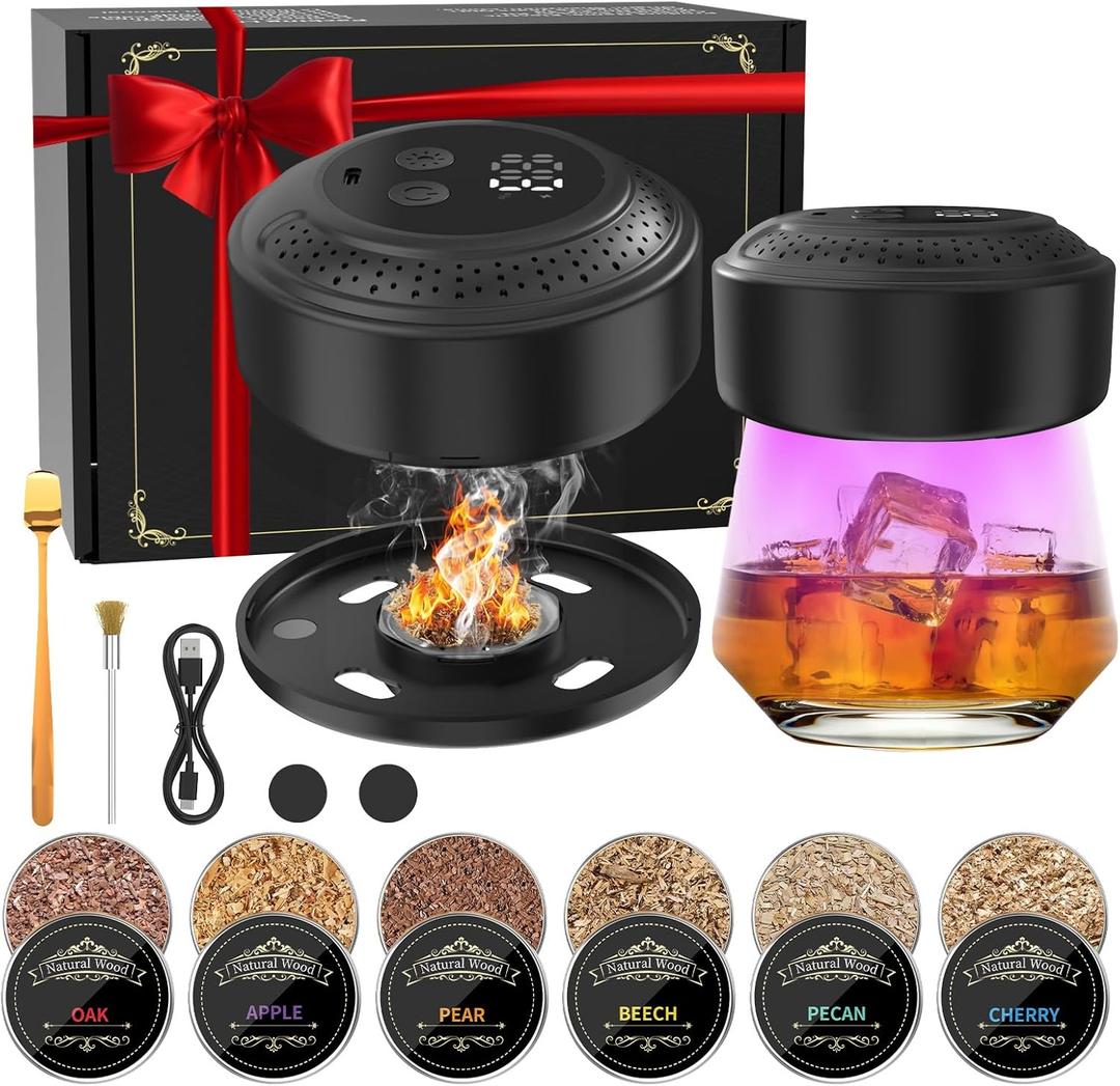 Electric Whiskey Smoker Kit - 6 Wood Chip Flavors, Built-in Lighter&Ambient Light, No Butane Needed Rechargeable Cocktail Old Fashioned Bourbon Smoker Kit, Christmas Birthday Gift for Men Dad Husband