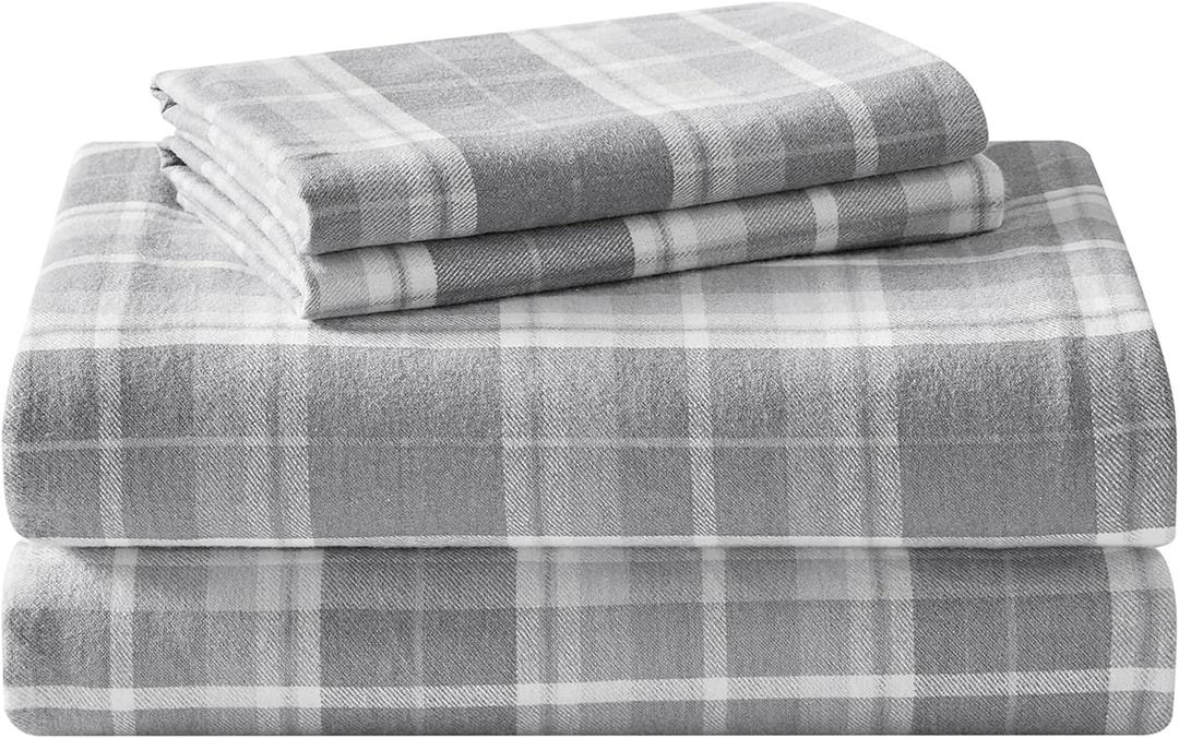 Laura Ashley - Flannel Sheets Full Size, Anti-Pilling & Wrinkle Resistant Cotton, Touchably Soft for All-Season Comfort - Bed Sheets with Matching Pillowcases & Fitted Sheet (Mulholland Plaid Grey)