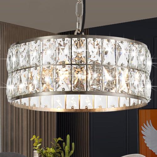 Salaiwei 12” 3-Light Modern Crystal Chandeliers Nickel Dinning Room Light Fixture, Round Pendant Light Kitchen Island Chandelier, Flush Mount Ceiling Light for Living Room Entryway Bedroom Foyer