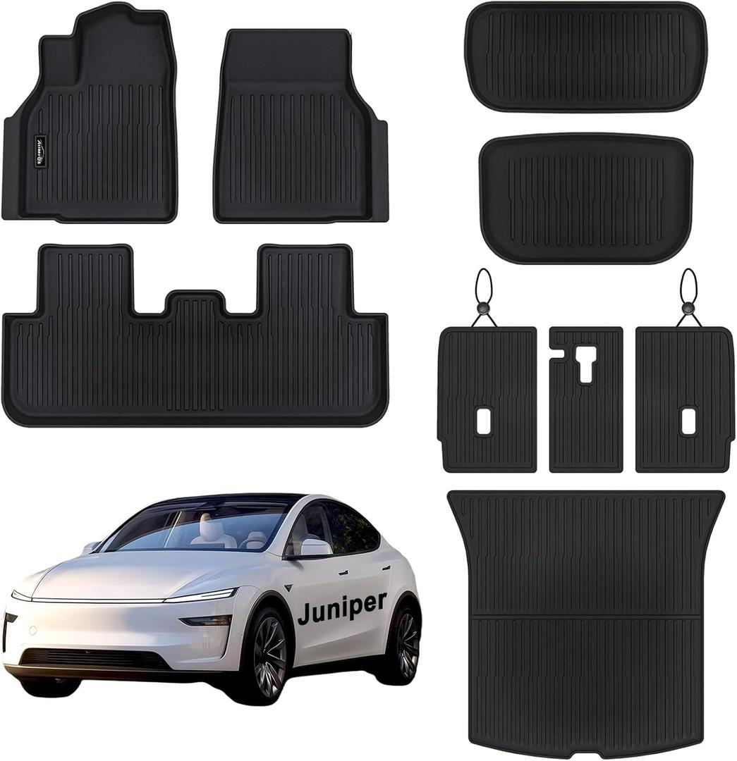 Floor Mats for Tesla Model Y Juniper 2025 2026, 9PCS Model Y Juniper Floor Mats & Cargo Mats & Backrest Mat TPE Full Coverage Car Mats Accessories