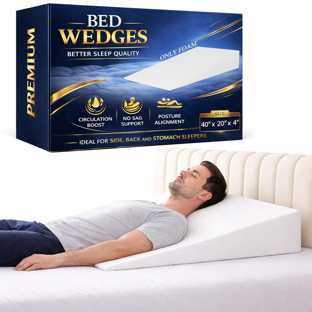 Greaton, Extra Wide Bed Wedge Pillow | Body Support Sponge | Tringle Incline Cushion to Elevate Upper Body | Good for Neck Pain, Snoring, Acid Reflux, 40 x 20 x 4, White (Without Cover)