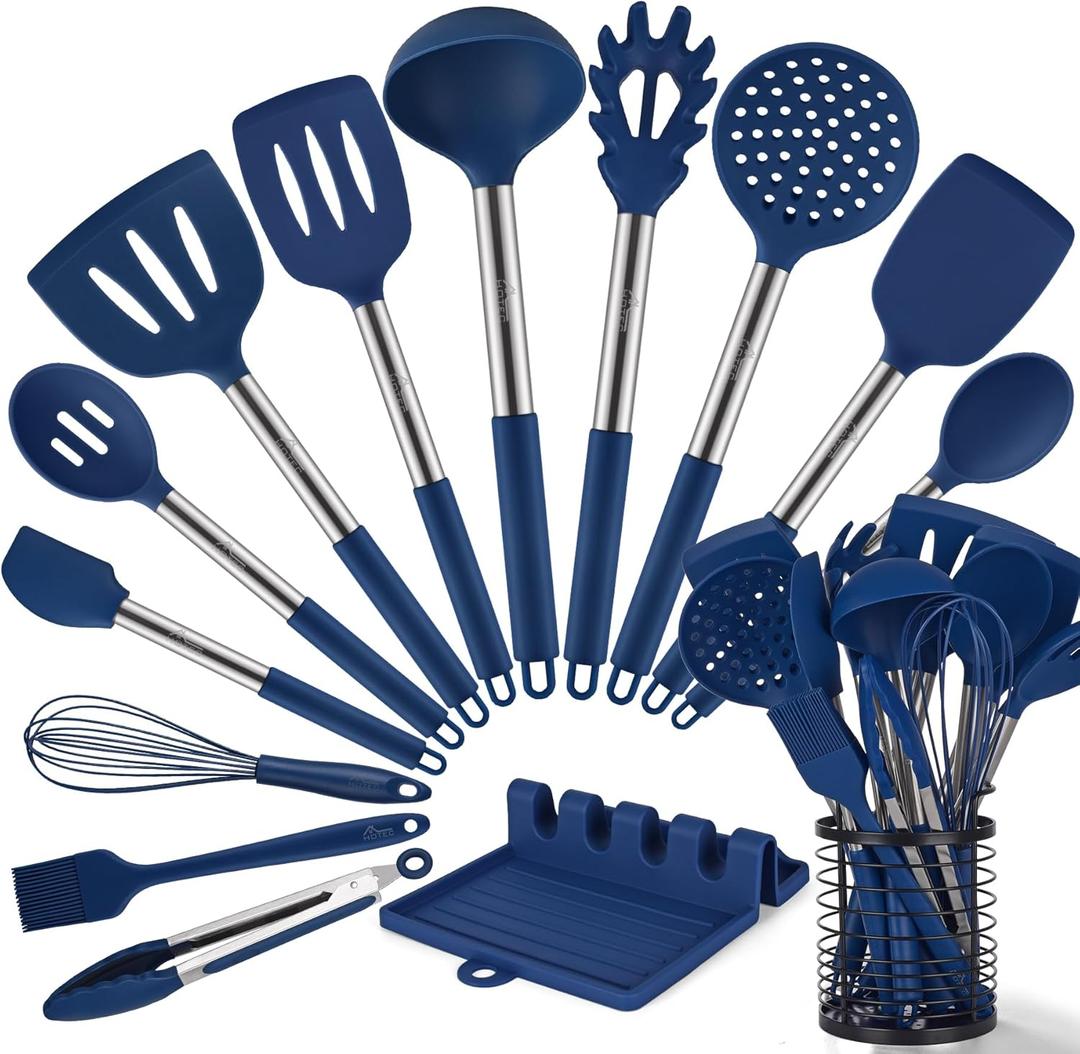 HOTEC Heat Resistant Silicone Kitchen Utensils, Cooking Utensil Set, Spatula Set, BPA Free, Kitchen Gadgets, with Stainless Steel Utensils Holder, Dishwasher Safe, 14pcs Classic Blue