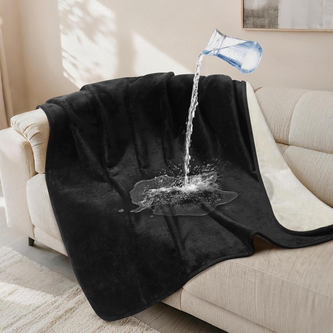 LOOBANI Waterproof Dog Blanket for Couch: Reversible Flannel Bed Blanket for Medium Large Dogs Liquid Proof, Soft Throw Blanket Couch Cover Protector for Sofa, Crate, Travel, 50" x 60", Black & Beige
