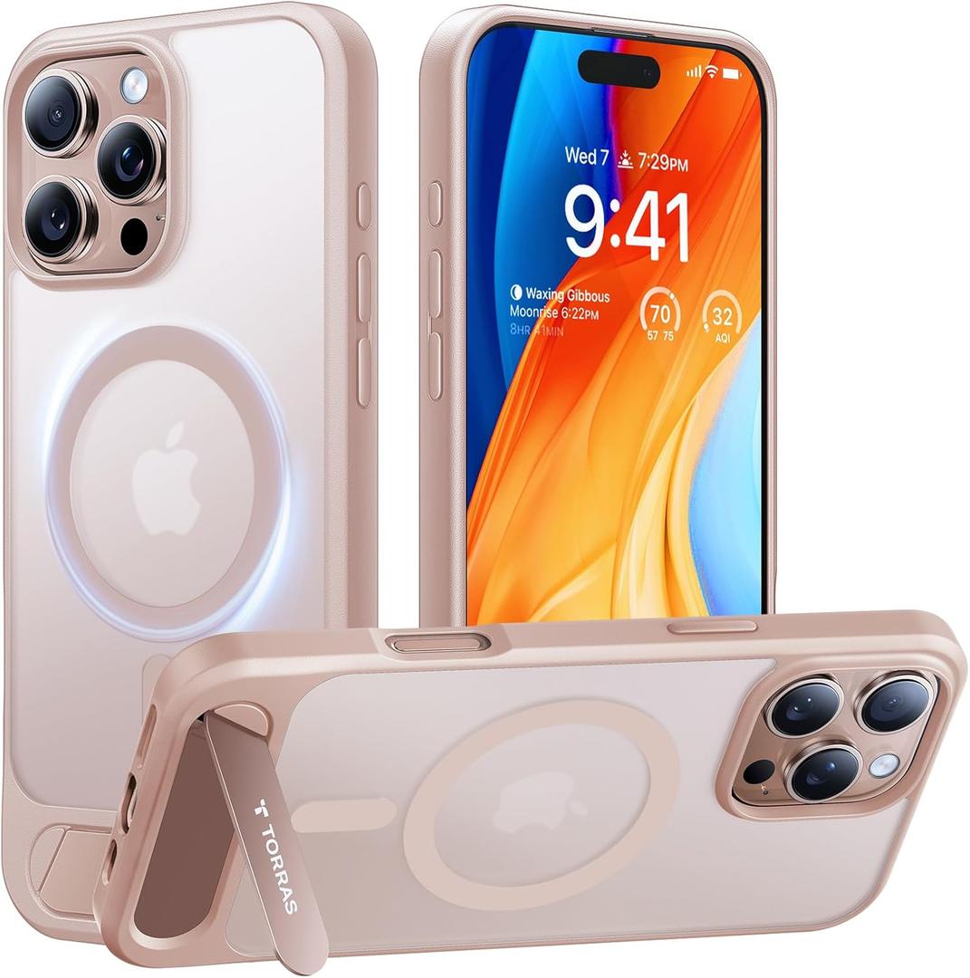 TORRAS Strong Magnetic & Seamless Stand for iPhone 16 Pro Max Case, Fit for MagSafe, Military Grade Drop Protection, Adjustable Kickstand Phone Case for iPhone 16 Pro Max, Slim Desert Titanium Gold