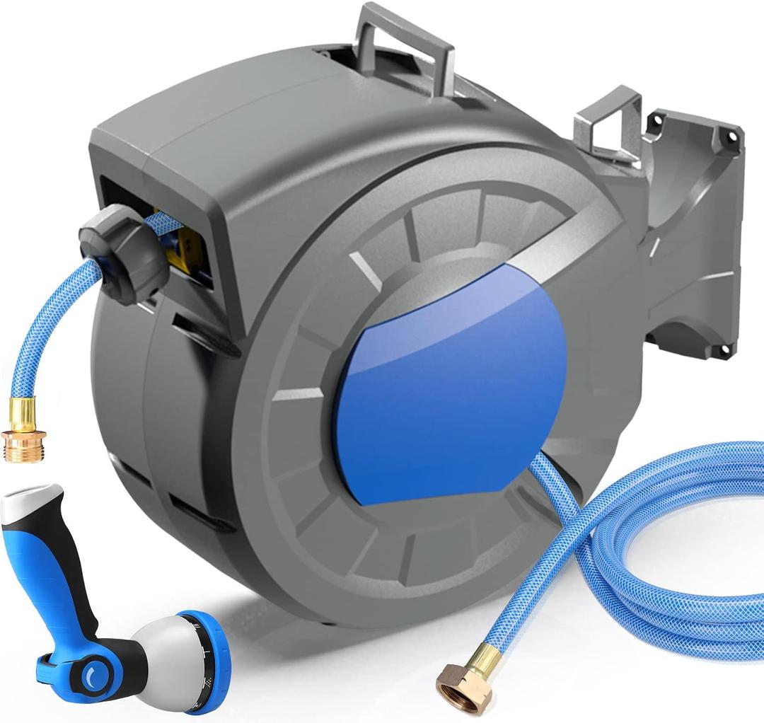 Retractable Garden Hose Reel Wall Mount 1/2" x 100 ft + 6.5 ft Water Hose Reel for Outside with 10 Pattern Nozzle, Automatic Slow Rewind System/Lock Any Length/180Swivel