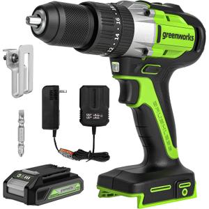 Greenworks 24V Brushless 1/2" Hammer Drill (530 in-lbs.) 2.0Ah Battery and Charger Included, DDG402