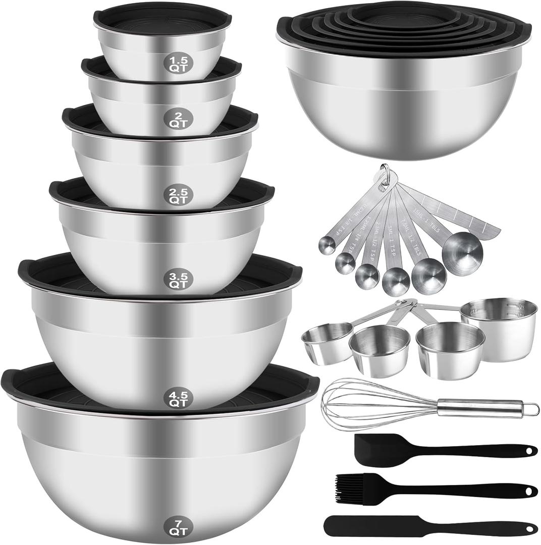 WEPSEN Mixing Bowls Set, 27PCS Stainless Steel Mixing Bowl with Lid Set, Large Nesting Bowls 7, 4.5, 3, 2.5, 2, 1.5QT, Measuring Cups and Spoons Baking Utensils Metal Bowl for Kitchen Prep