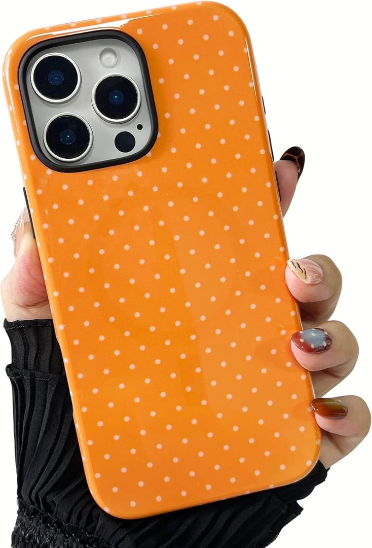 ZTOFERA Magnetic Case for iPhone 16 Pro, Compatible with Magsafe, Polka Dot Aesthetic Phone Case Cute for Girl Women, Hard PC+Soft TPU Protective Phone Cover for iPhone 16 Pro-Orange