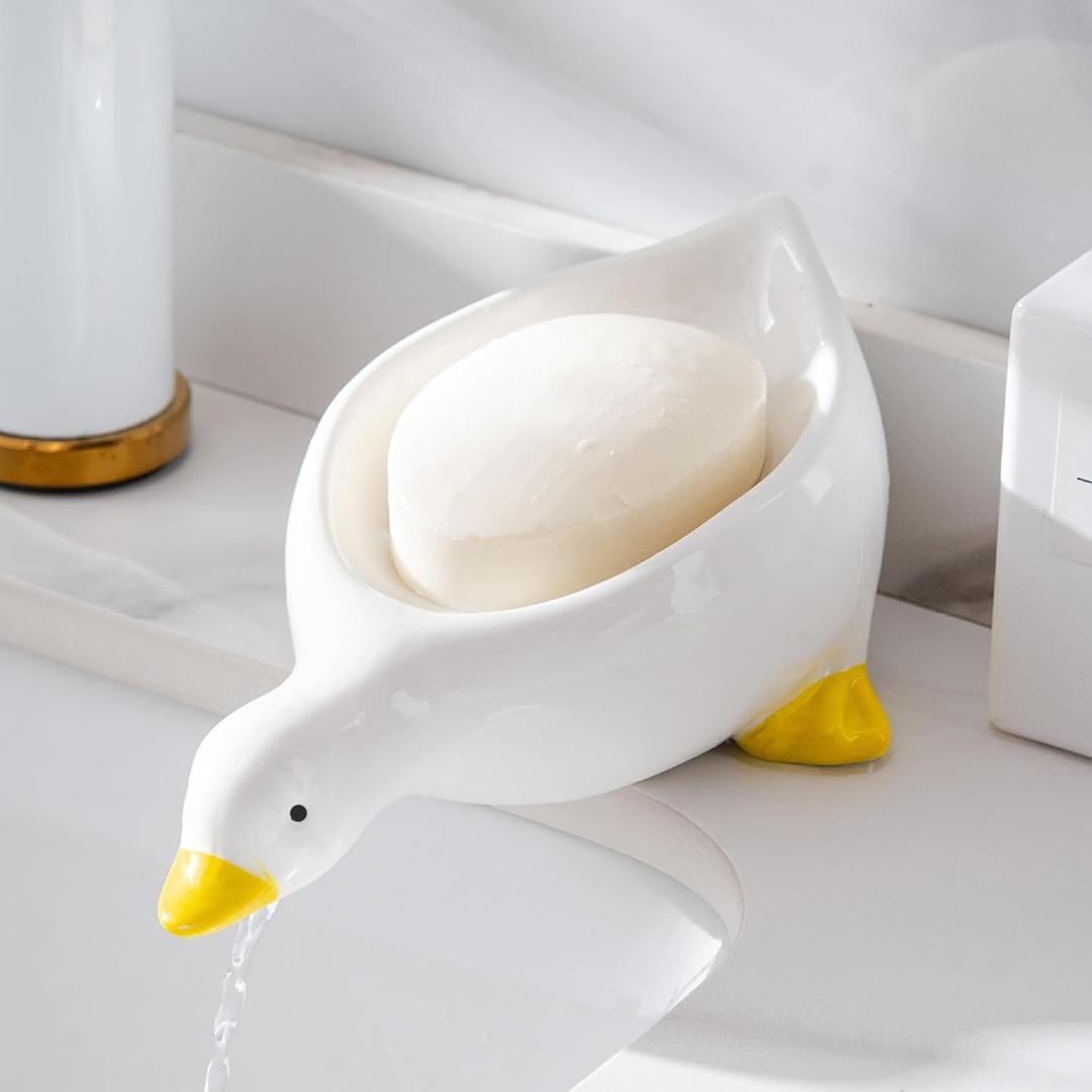 1 Pack Duck Ceramic Soap Dishes,Soap Holder with Drain,Soap Dish Container,Dish Soap Tray,Sponge Holder,Soap Tray for Shower,Bathroom,Bar,Kitchen,Counter (Duck)
