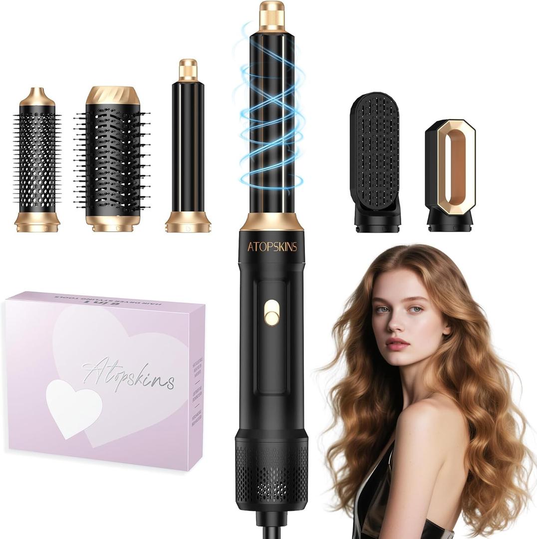 Atopskins 6 in 1 Blow Dryer Brush, Hair Dryer Brush Fast Drying 3 Heat Settings, Hot air Styler Auto Curling Straightening Voluming Smoothing for Women Salon & Travel Use (ALCI Plug) (Black)