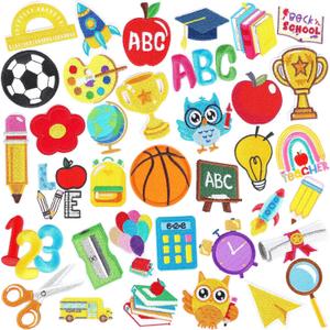 60pcs Theme School Iron on Patches Graduation Back to School Patches Pencil School Bus Embroidered Sew Applique Repair Patch Teacher Students DIY Crafts for Clothing Jacket Jeans Pants Dress Backpack