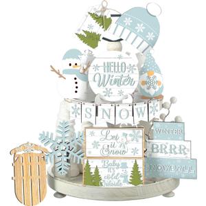 15 Pcs Winter Tiered Tray Decor Snowman and Snowflakes Wooden Signs Farmhouse Winter Tiered Tray Decorations Set Wood Table Decor for Holiday Home Kitchen