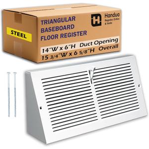 Fits 14x6 Duct Opening | Steel Triangular Baseboard Air Supply Grille with Damper by Handua| Air Register Vent Cover Grill | 3-13/16" Depth | White | Outer Dimensions: 15-3/4" x 6-5/8"