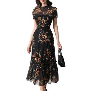 GothDark Women's Summer Floral Mesh Ruffle Dress Short Sleeve Round Neck Waist Cinched Casual Maxi Wedding Guest Dresses (Black) S