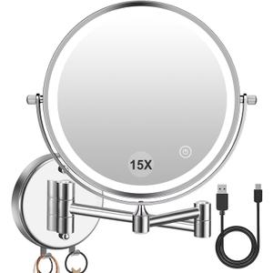1/15 Wall Mounted LED Makeup Mirror Magnifying Makeup Mirror 3500 mAh Rechargeable, Touch Dimmable 3 Color Lights, 8 Double Sided 360 Rotation, Ideal for Hotel and Bathroom (Silver)